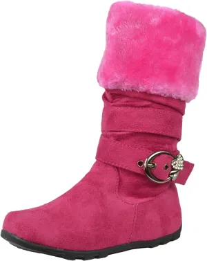 Kids Mid Calf Boots Fur Cuff Heart Buckle Accent Casual Comfort Shoes Pink
