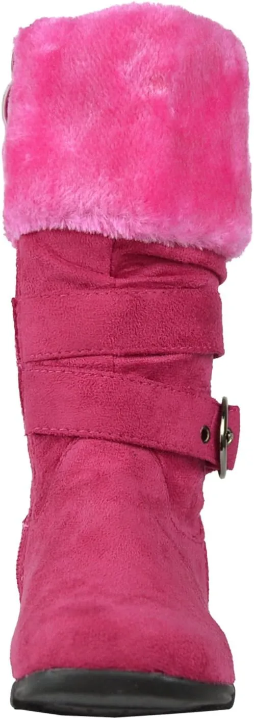 Kids Mid Calf Boots Fur Cuff Heart Buckle Accent Casual Comfort Shoes Pink