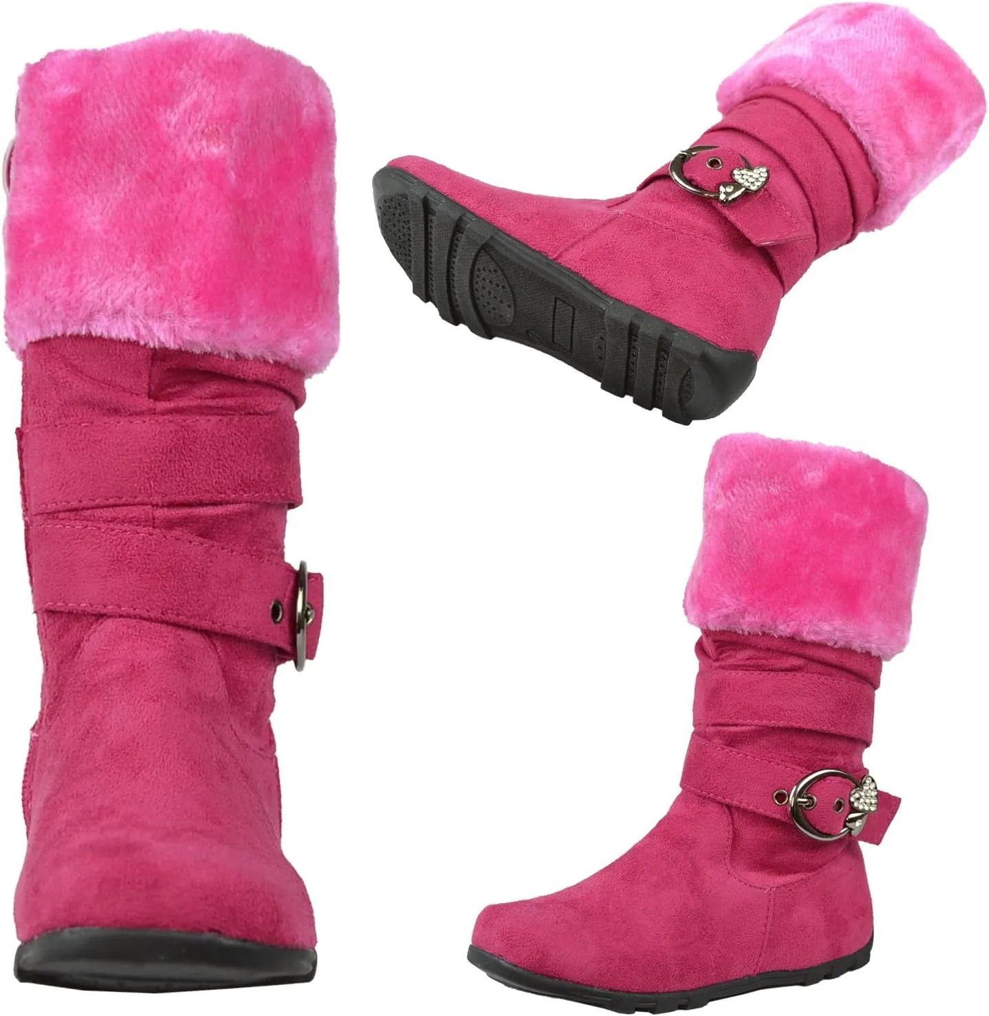 Kids Mid Calf Boots Fur Cuff Heart Buckle Accent Casual Comfort Shoes Pink