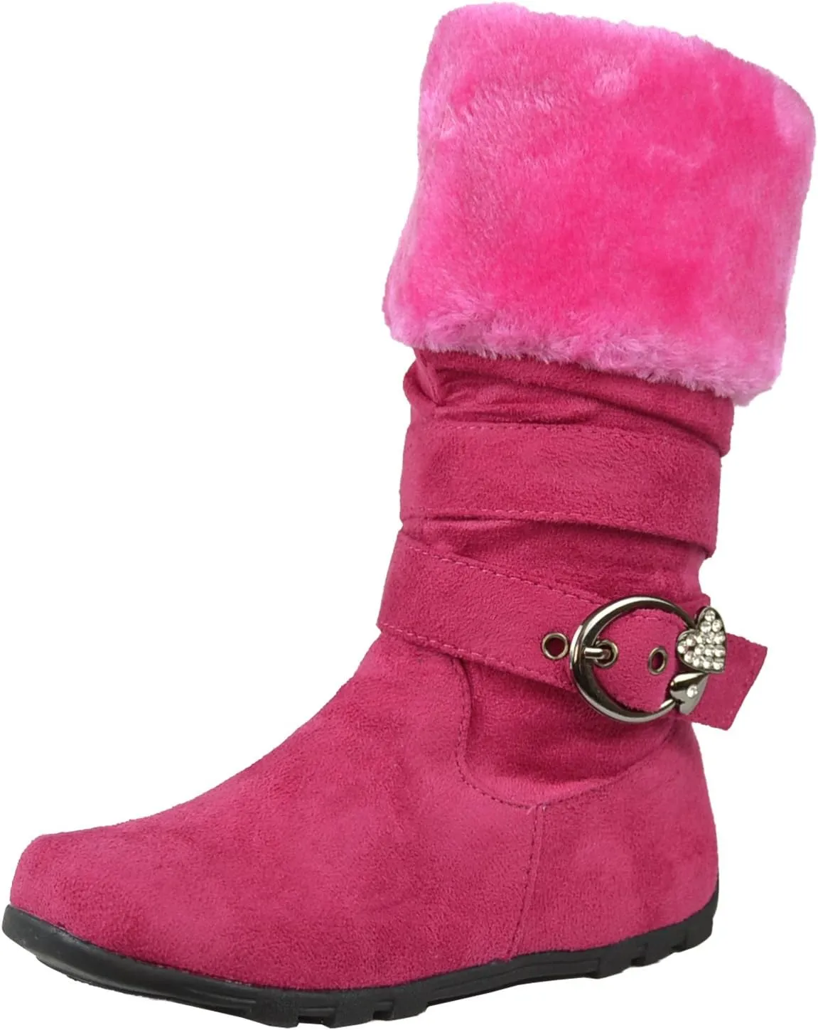 Kids Mid Calf Boots Fur Cuff Heart Buckle Accent Casual Comfort Shoes Pink