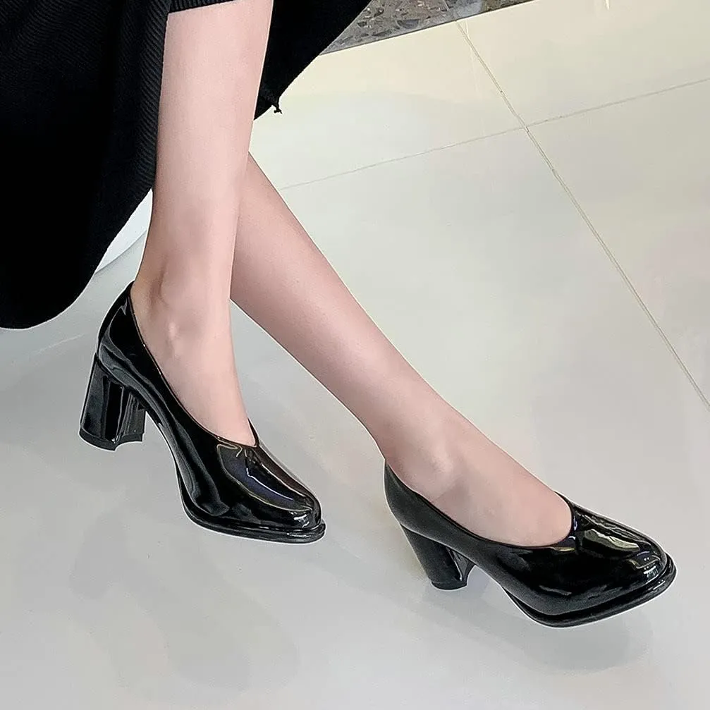 KOKOMOMO Womens Patent Leather Round Toe Chunky Heel Pumps Heeled Loafers