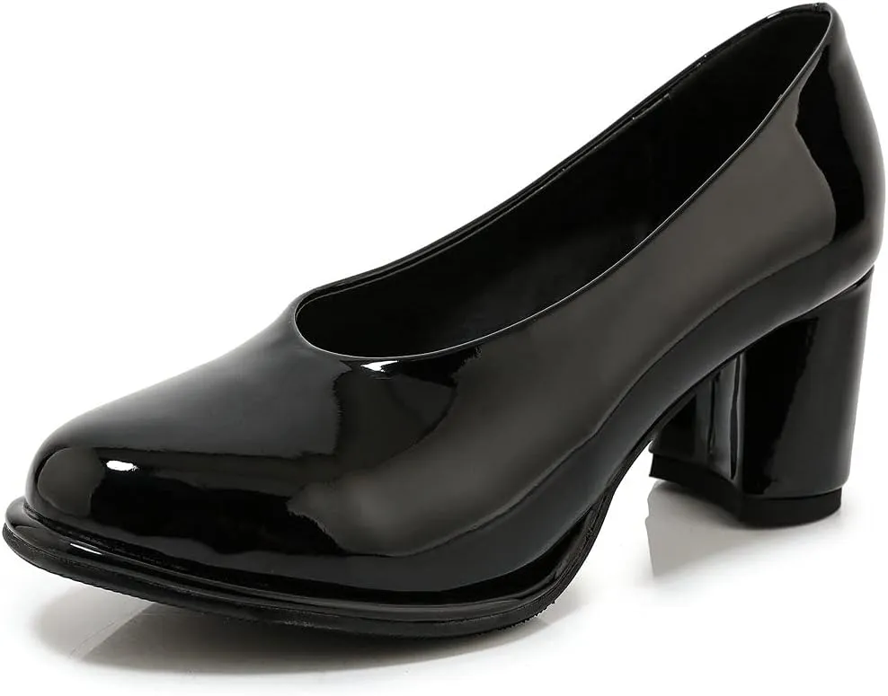KOKOMOMO Womens Patent Leather Round Toe Chunky Heel Pumps Heeled Loafers