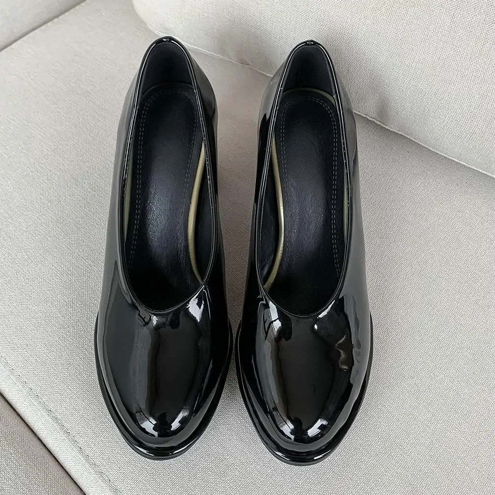 KOKOMOMO Womens Patent Leather Round Toe Chunky Heel Pumps Heeled Loafers