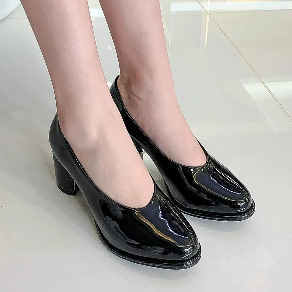 KOKOMOMO Womens Patent Leather Round Toe Chunky Heel Pumps Heeled Loafers