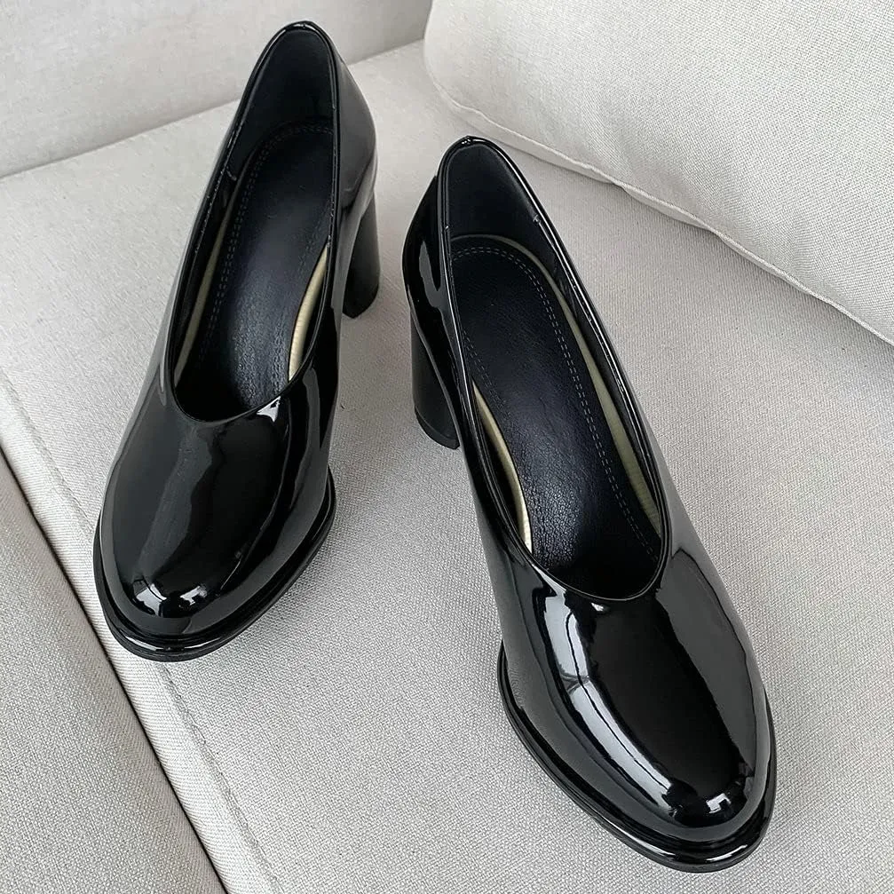KOKOMOMO Womens Patent Leather Round Toe Chunky Heel Pumps Heeled Loafers