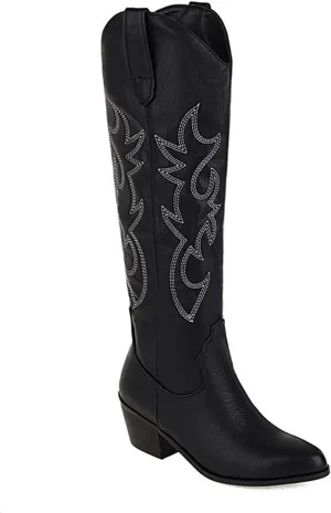 Ladmiple Cowgirl Boots Women Knee High Embroidered Western Boots Pointed Toe Chunky Heel Fashion Western Boots Pull On