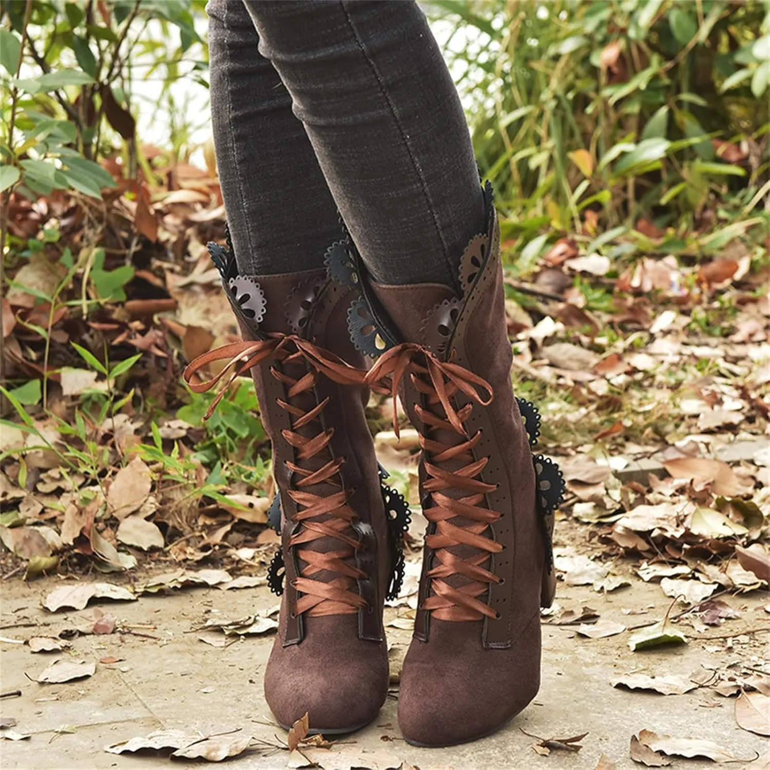 Ladmiple Fall Bo_ots Women Knee_High Wide_Calf Slouchy Cowboy Cowgirl Bo_ots with Side Zipper Cone he_el Retro Western Bo_ot