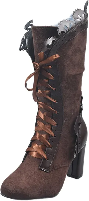 Ladmiple Fall Bo_ots Women Knee_High Wide_Calf Slouchy Cowboy Cowgirl Bo_ots with Side Zipper Cone he_el Retro Western Bo_ot