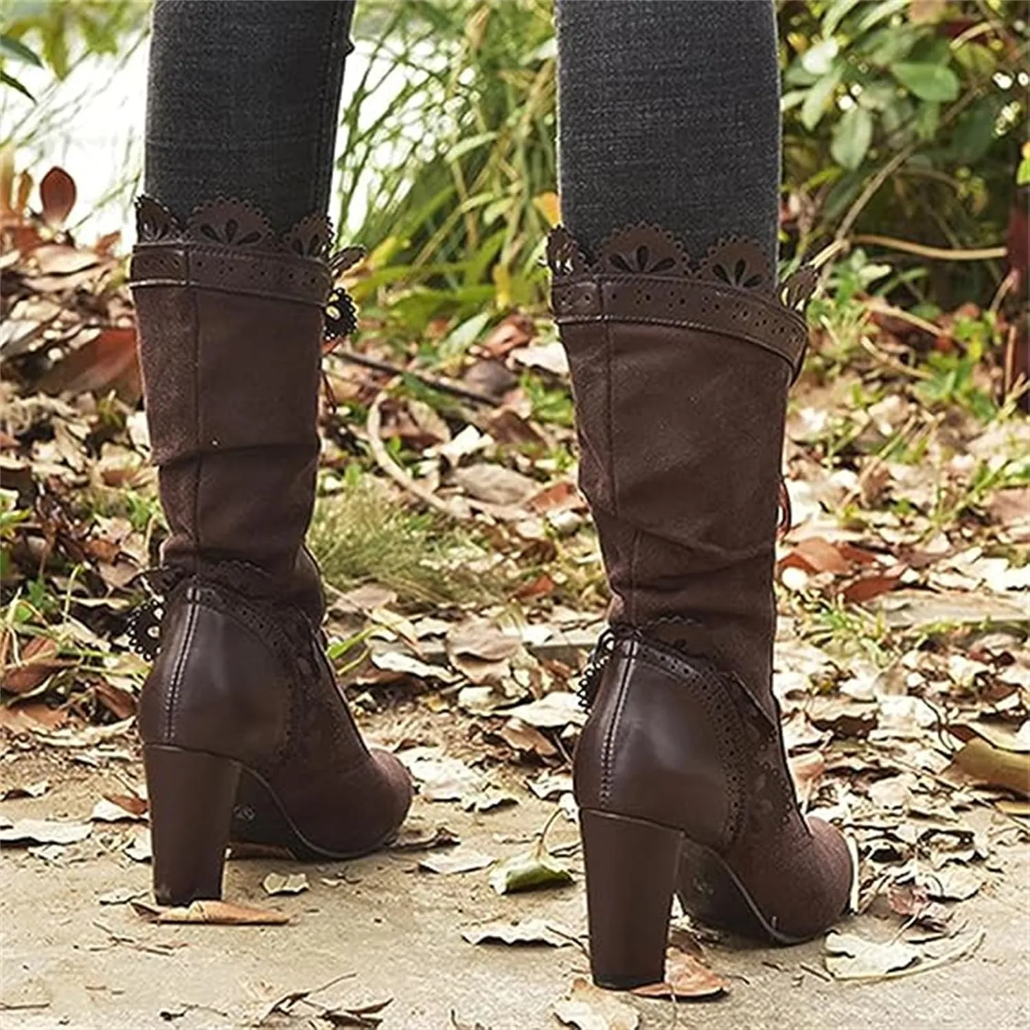 Ladmiple Fall Bo_ots Women Knee_High Wide_Calf Slouchy Cowboy Cowgirl Bo_ots with Side Zipper Cone he_el Retro Western Bo_ot
