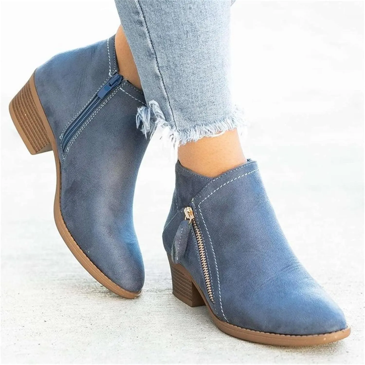 Lausiuoe Ankle Boots For Women Dressy Chunky Heel Slip on Pointed Toe Booties Wide Width Side Zipper Western Short Boots