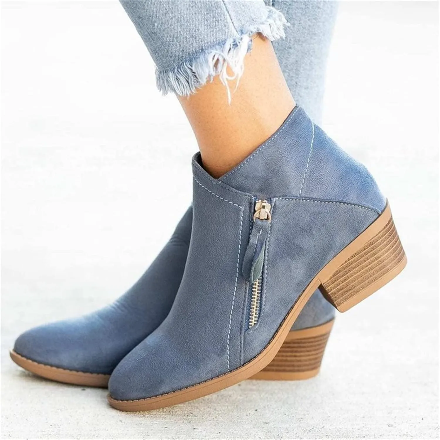 Lausiuoe Ankle Boots For Women Dressy Chunky Heel Slip on Pointed Toe Booties Wide Width Side Zipper Western Short Boots