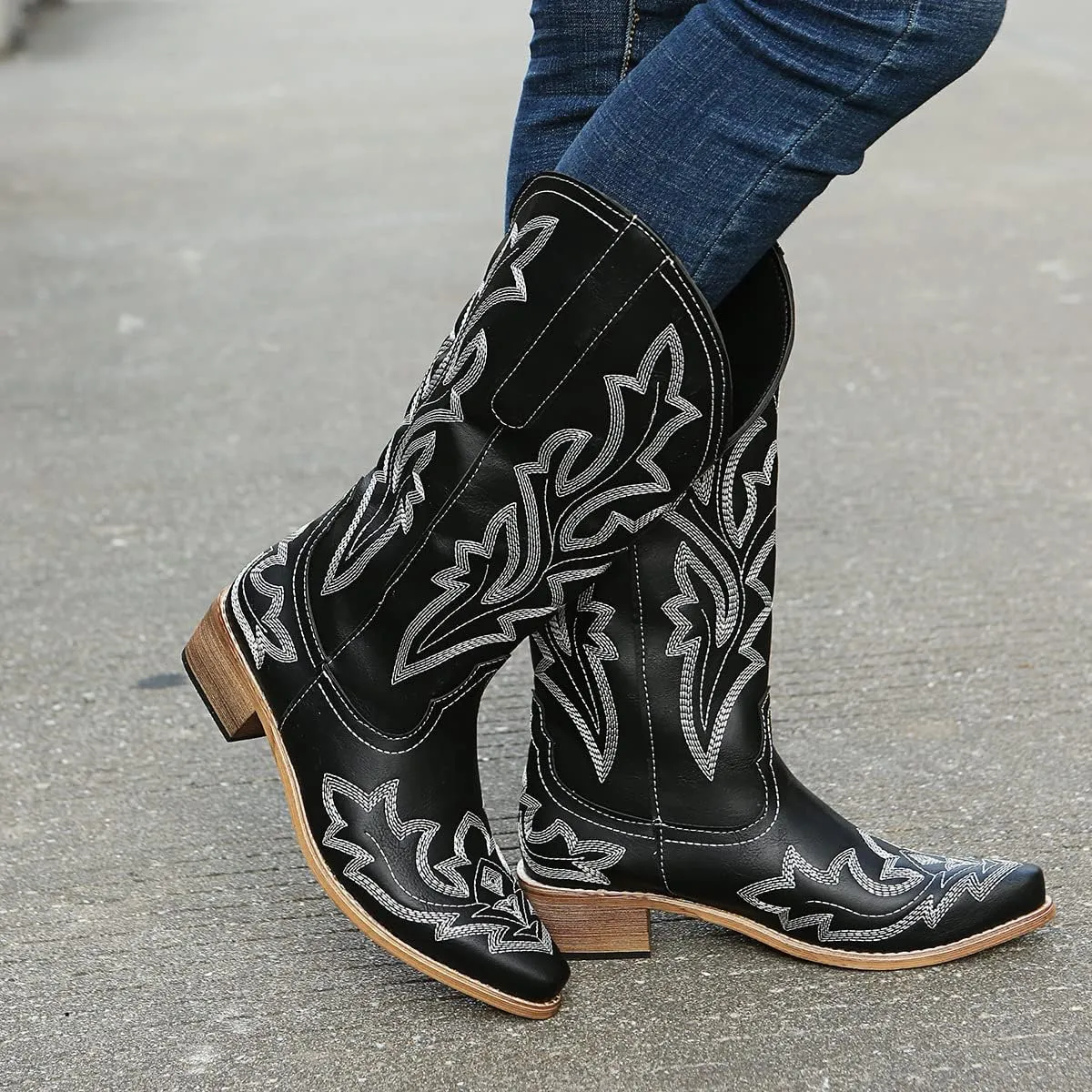 Lausiuoe Cowboy Boots For Women Leather Wide Calf Sunflower Embroidered Fashion Cowgirl Knee High Chunky Western Boots