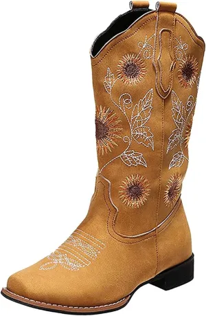 Lausiuoe Cowboy Boots For Women Leather Wide Calf Sunflower Embroidered Fashion Cowgirl Knee High Chunky Western Boots