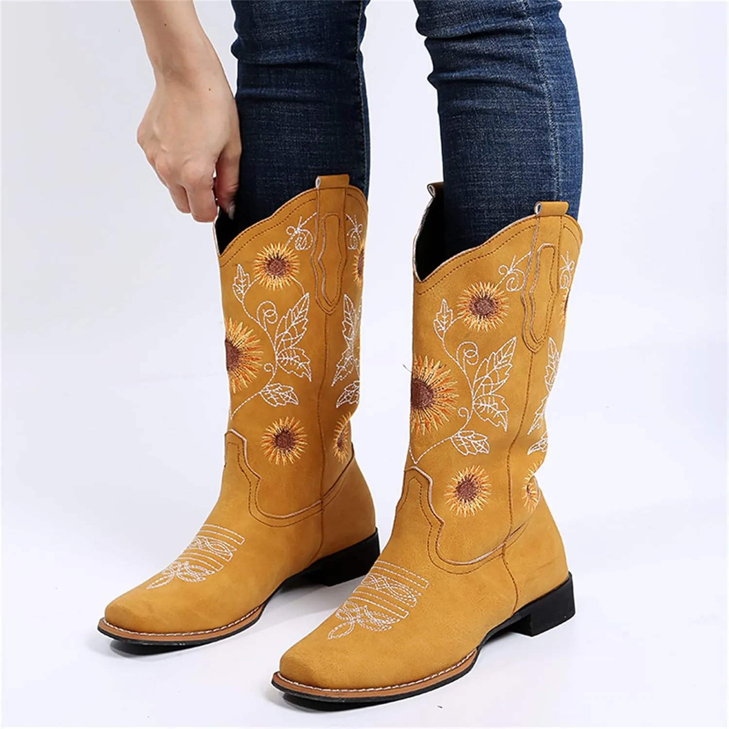 Lausiuoe Cowboy Boots For Women Leather Wide Calf Sunflower Embroidered Fashion Cowgirl Knee High Chunky Western Boots