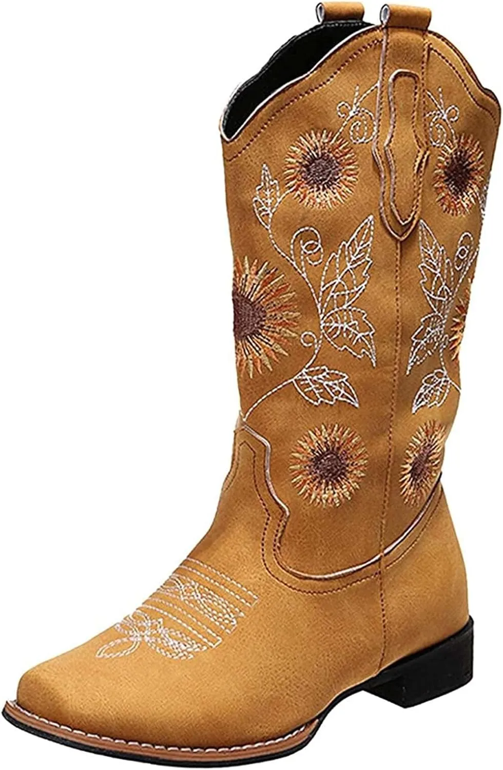 Lausiuoe Cowboy Boots For Women Leather Wide Calf Sunflower Embroidered Fashion Cowgirl Knee High Chunky Western Boots