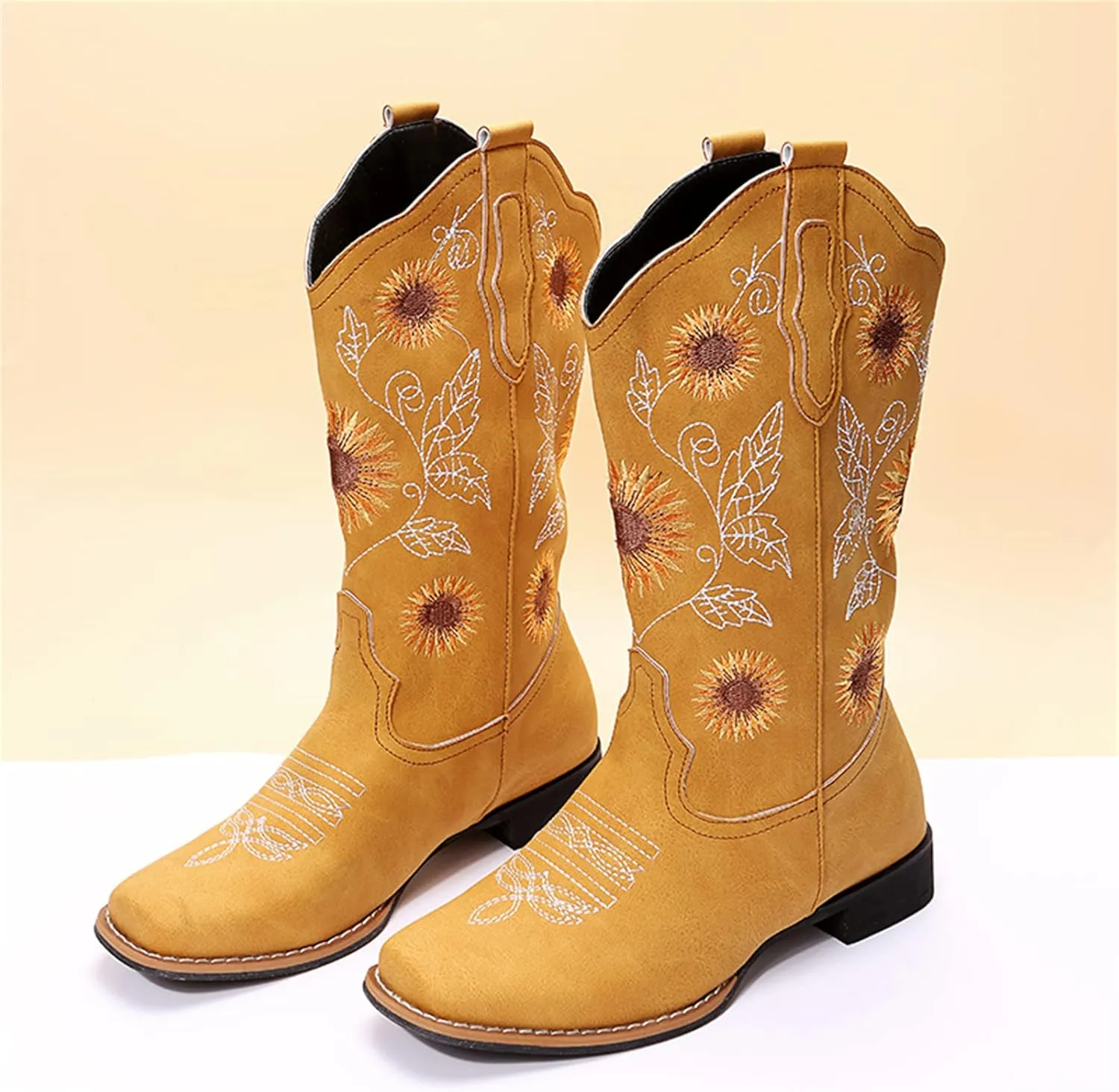 Lausiuoe Cowboy Boots For Women Leather Wide Calf Sunflower Embroidered Fashion Cowgirl Knee High Chunky Western Boots