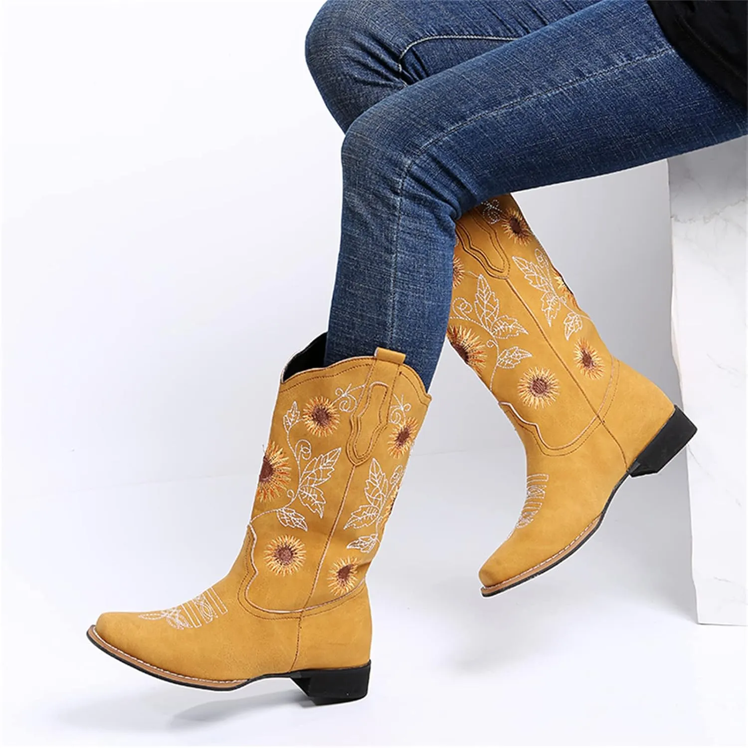 Lausiuoe Cowboy Boots For Women Leather Wide Calf Sunflower Embroidered Fashion Cowgirl Knee High Chunky Western Boots