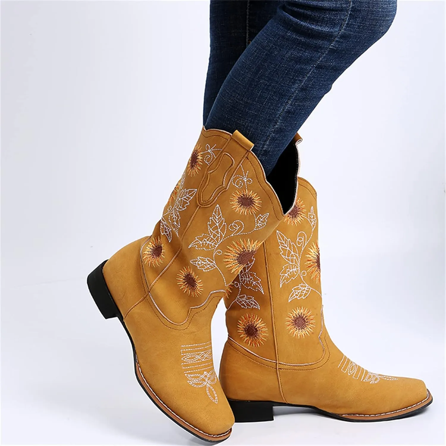 Lausiuoe Cowboy Boots For Women Leather Wide Calf Sunflower Embroidered Fashion Cowgirl Knee High Chunky Western Boots
