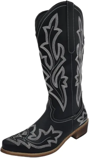 Lausiuoe Cowboy Boots For Women Leather Wide Calf Sunflower Embroidered Fashion Cowgirl Knee High Chunky Western Boots