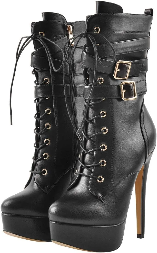 LISHAN Women's Mid-calf Platform Lace Up Straps Stiletto Ankle Boots