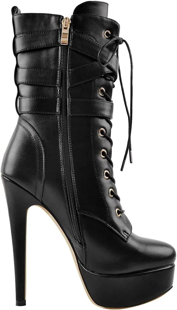 LISHAN Women's Mid-calf Platform Lace Up Straps Stiletto Ankle Boots