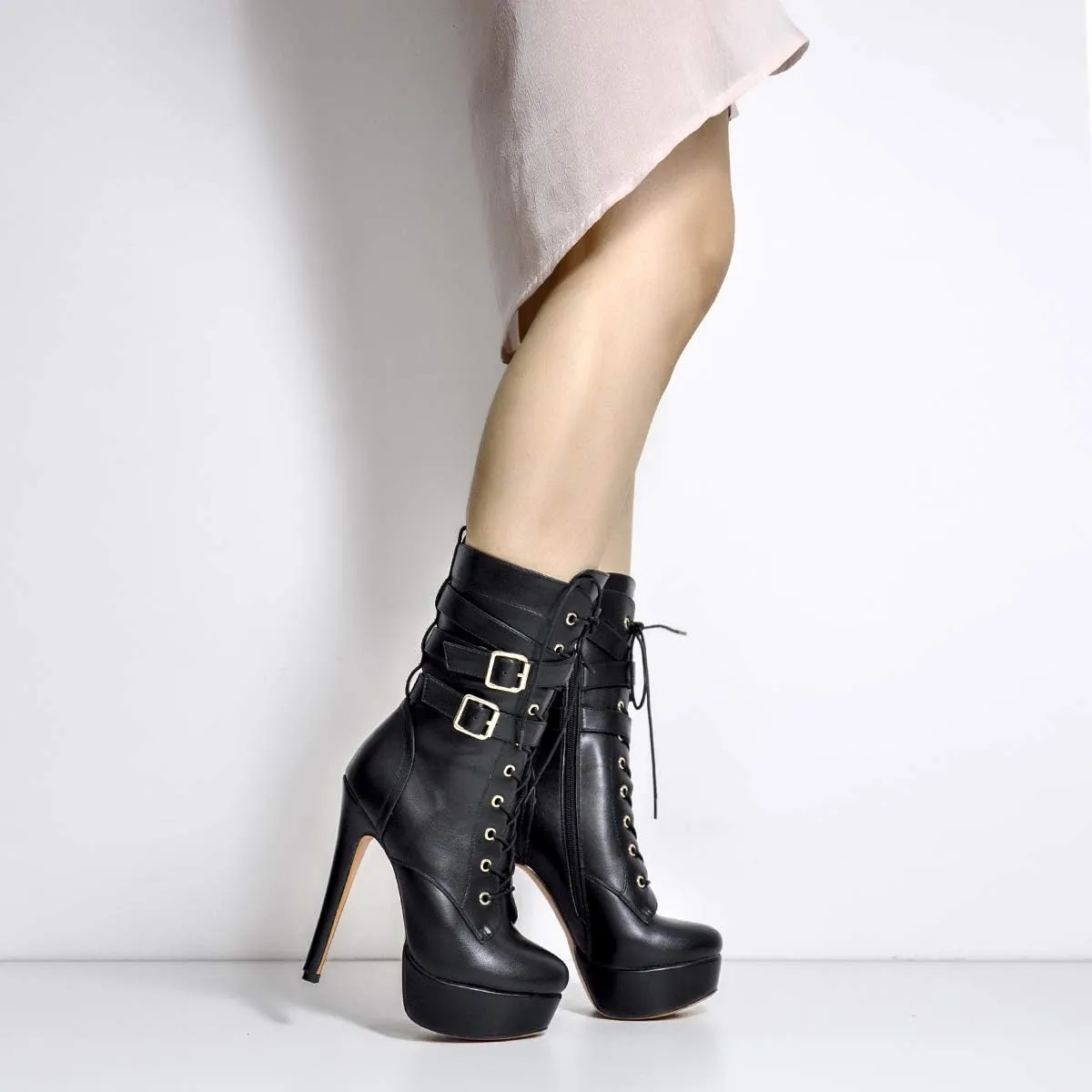 LISHAN Women's Mid-calf Platform Lace Up Straps Stiletto Ankle Boots