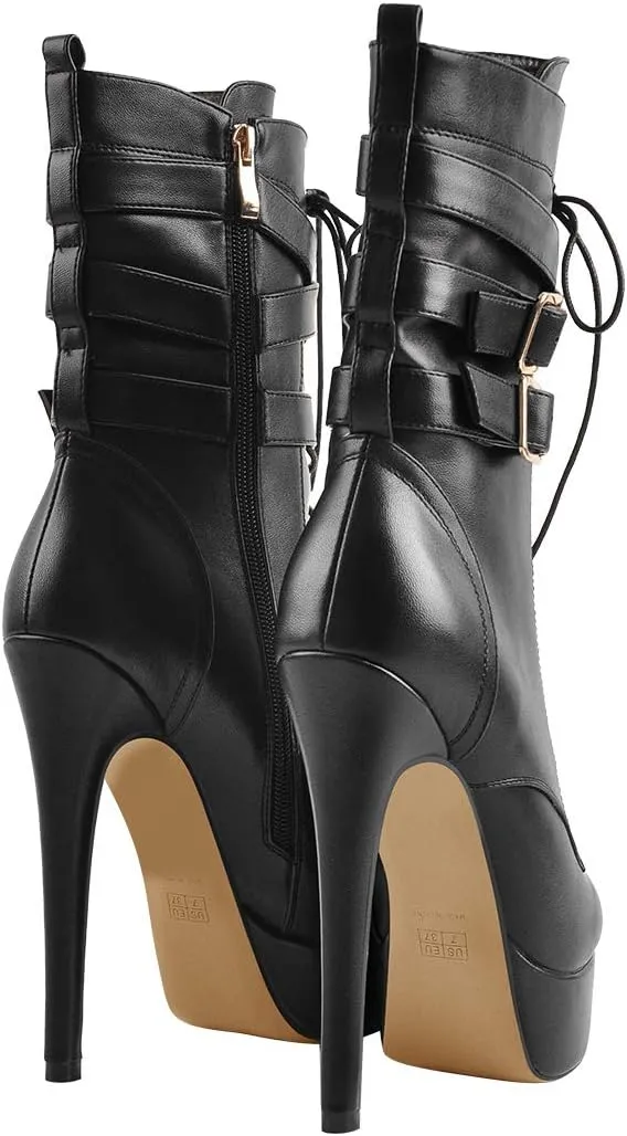 LISHAN Women's Mid-calf Platform Lace Up Straps Stiletto Ankle Boots
