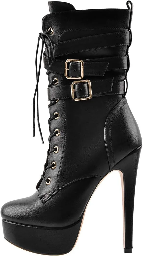 LISHAN Women's Mid-calf Platform Lace Up Straps Stiletto Ankle Boots