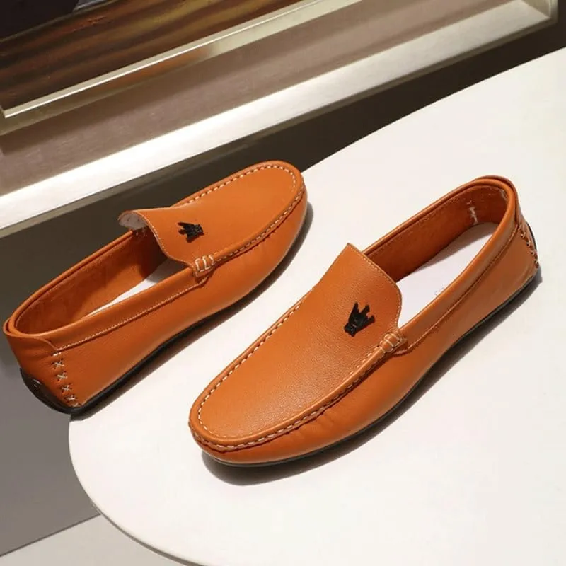 Men's Fashion Slip-On Leather Shoes Mens Genuine Leather Dress Shoes Flat Boat Shoes Mens Commuter Slip-Resistant Lightweight Breathable Easy to Walk