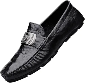 Mens Genuine Leather Dress Shoes Casual Business Dress Loafer with Metal Horsebit Detail Ultra Light Genuine Leather Flat Shoes