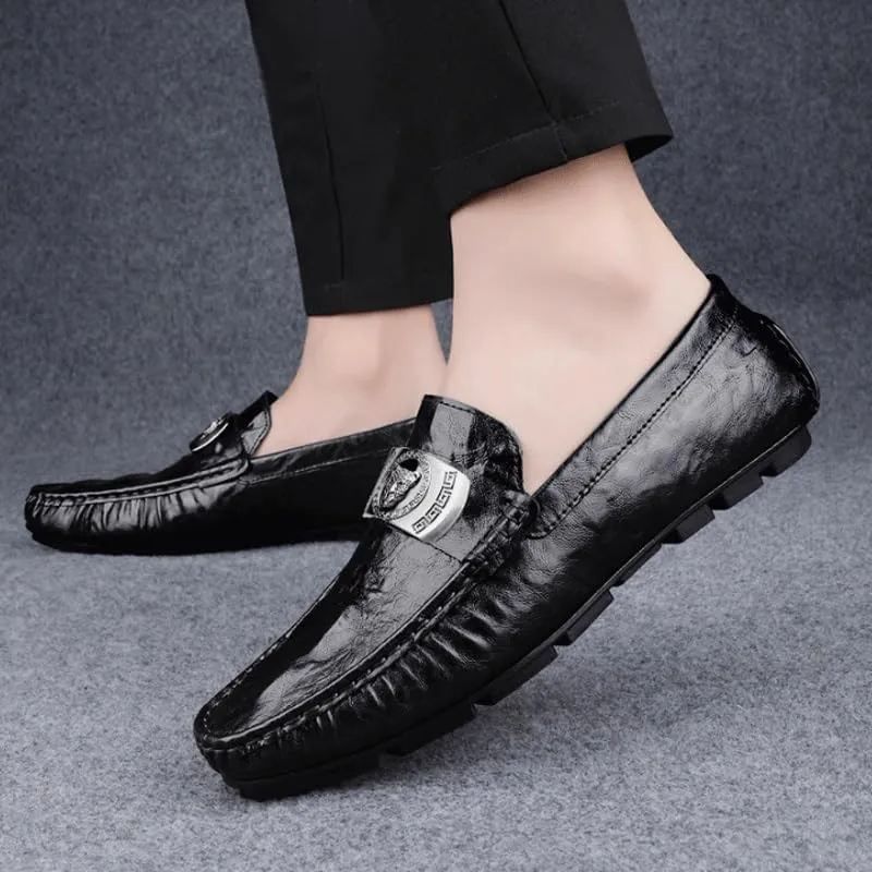 Mens Genuine Leather Dress Shoes Casual Business Dress Loafer with Metal Horsebit Detail Ultra Light Genuine Leather Flat Shoes