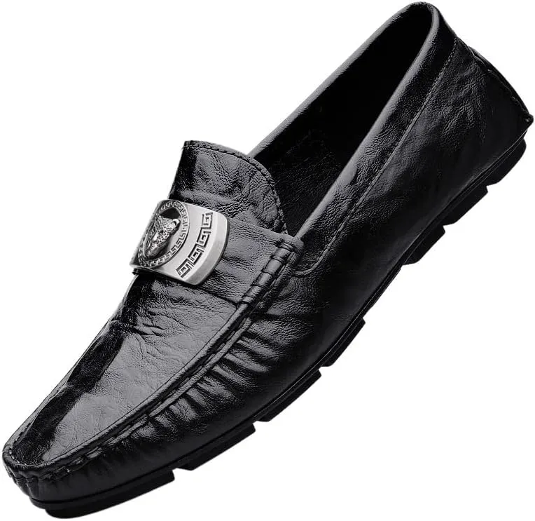 Mens Genuine Leather Dress Shoes Casual Business Dress Loafer with Metal Horsebit Detail Ultra Light Genuine Leather Flat Shoes
