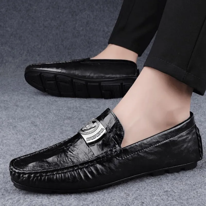 Mens Genuine Leather Dress Shoes Casual Business Dress Loafer with Metal Horsebit Detail Ultra Light Genuine Leather Flat Shoes