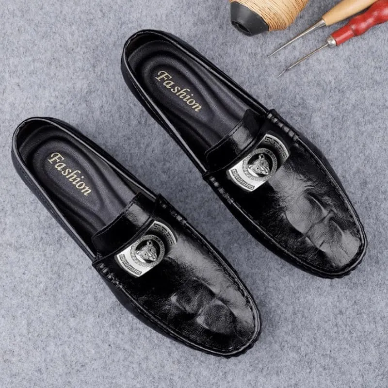 Mens Genuine Leather Dress Shoes Casual Business Dress Loafer with Metal Horsebit Detail Ultra Light Genuine Leather Flat Shoes