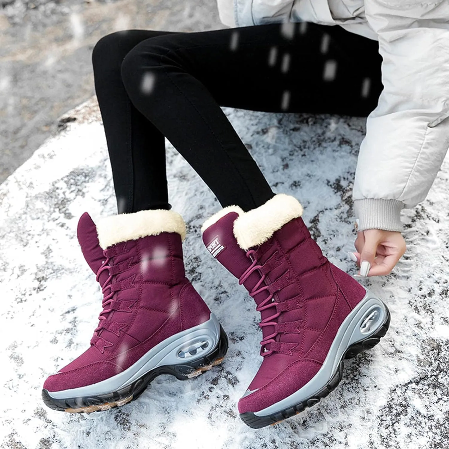 Men's Hiking Boot Wool Warm Lace Up Mid Calf Boots Insulated Thick Bottom Snow Boots Air Cushion Winter Boots