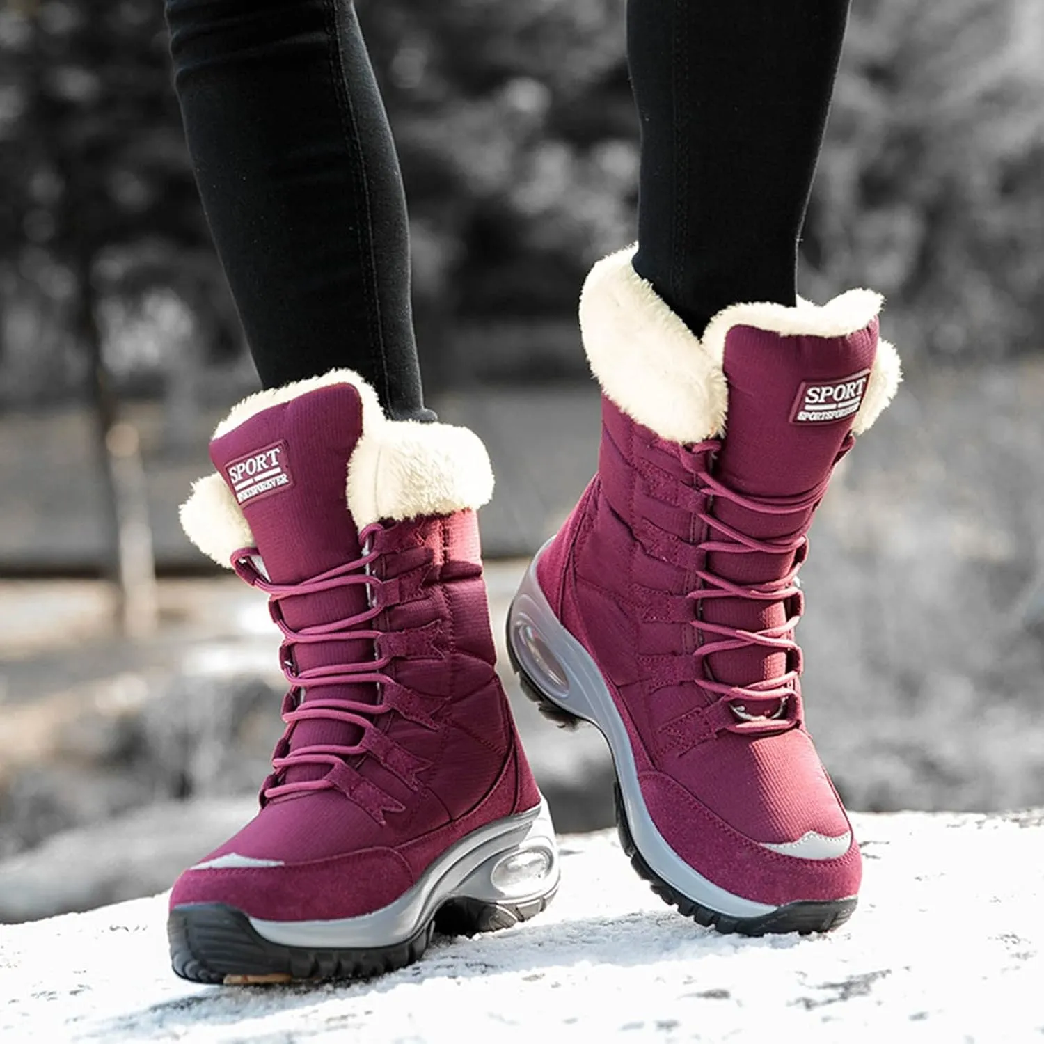 Men's Hiking Boot Wool Warm Lace Up Mid Calf Boots Insulated Thick Bottom Snow Boots Air Cushion Winter Boots