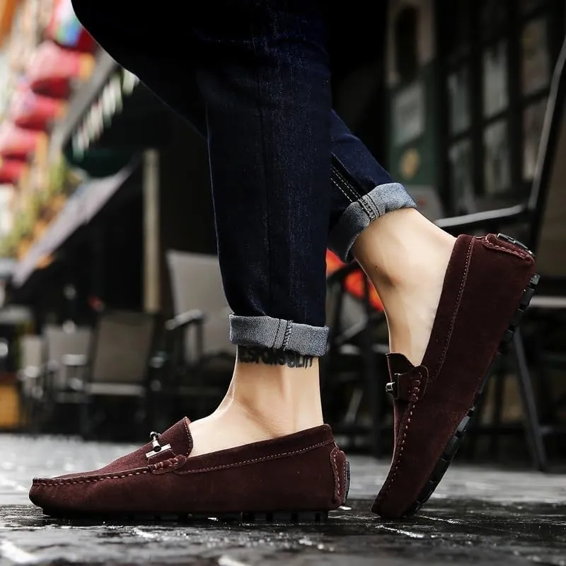 Men's Leather Loafers - Comfortable Slip-On Driving Shoes, Lightweight Slip-Resistant, Classic Nubuck for Casual, Work, and Wedding