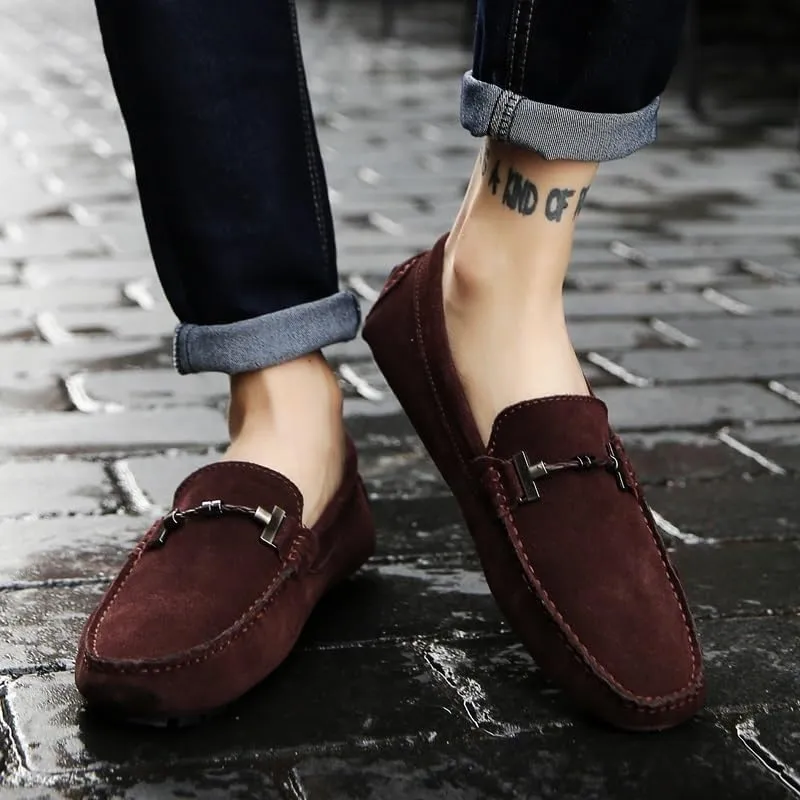 Men's Leather Loafers - Comfortable Slip-On Driving Shoes, Lightweight Slip-Resistant, Classic Nubuck for Casual, Work, and Wedding