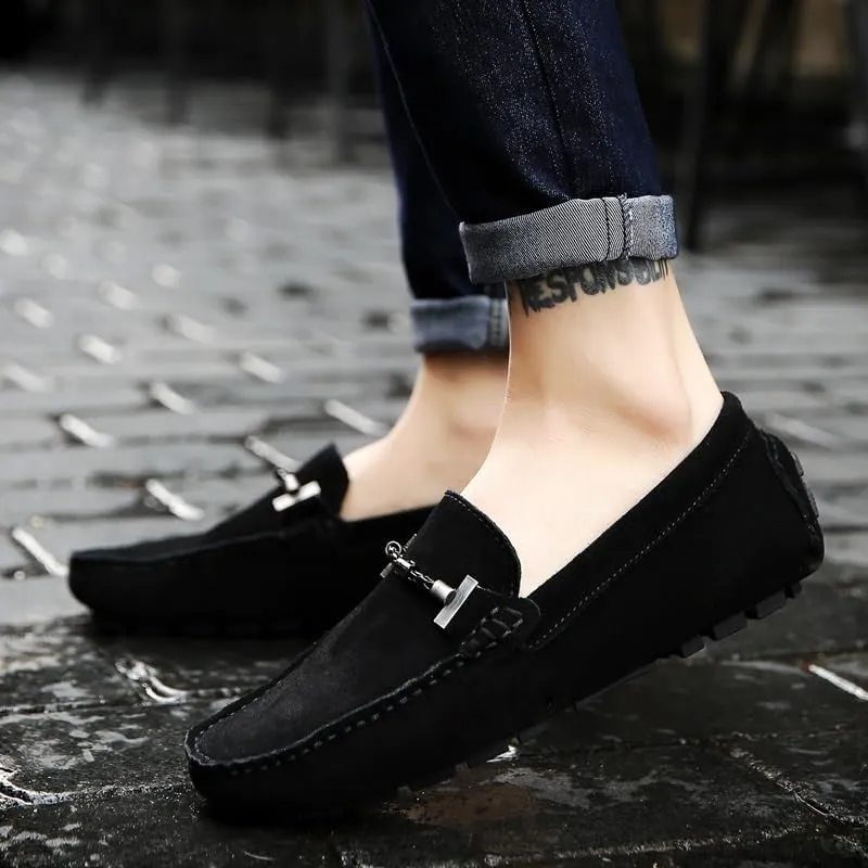 Men's Leather Loafers - Comfortable Slip-On Driving Shoes, Lightweight Slip-Resistant, Classic Nubuck for Casual, Work, and Wedding
