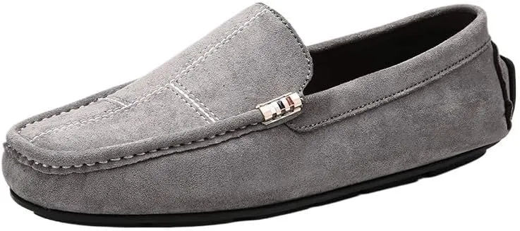 Men's Leather Loafers - Round Toe Suede Slip-Ons, Comfortable & Slip-Resistant Driving Shoes, Flat Heel for Party & Outdoor Wear