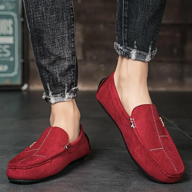 Men's Leather Loafers - Round Toe Suede Slip-Ons, Comfortable & Slip-Resistant Driving Shoes, Flat Heel for Party & Outdoor Wear