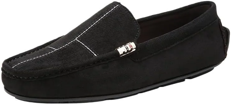 Men's Leather Loafers - Round Toe Suede Slip-Ons, Comfortable & Slip-Resistant Driving Shoes, Flat Heel for Party & Outdoor Wear