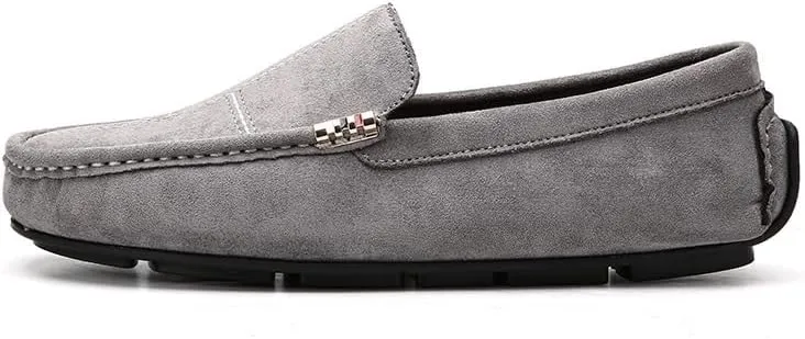 Men's Leather Loafers - Round Toe Suede Slip-Ons, Comfortable & Slip-Resistant Driving Shoes, Flat Heel for Party & Outdoor Wear