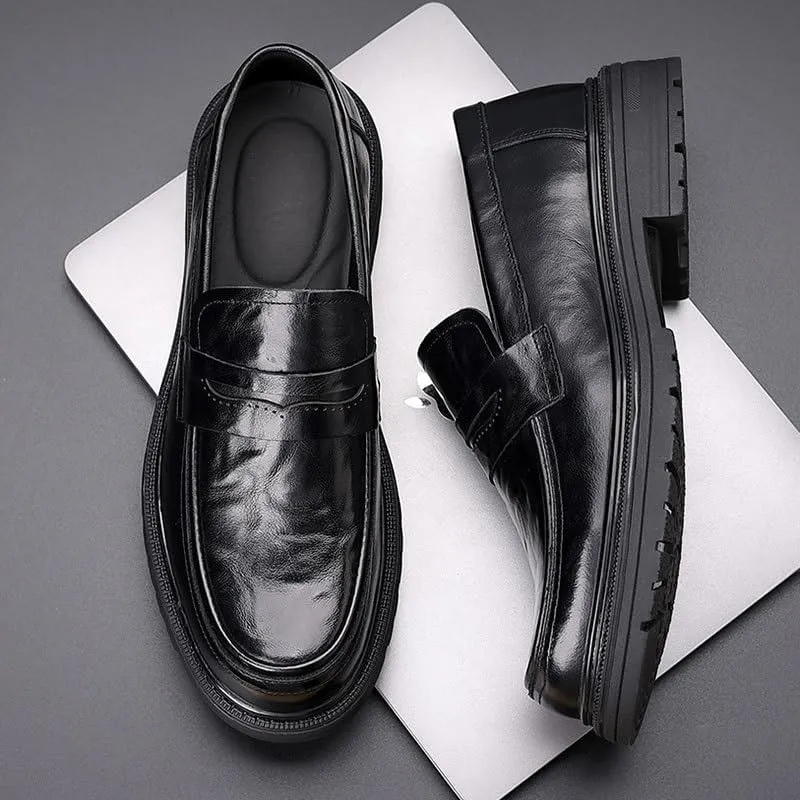 Men's Luxury Genuine Leather Slip-on Loafers Fashion Round Toe Lug Sole Patent Business Dress Shoes Classic Non-Slip Party Wedding Prom Work Shoes
