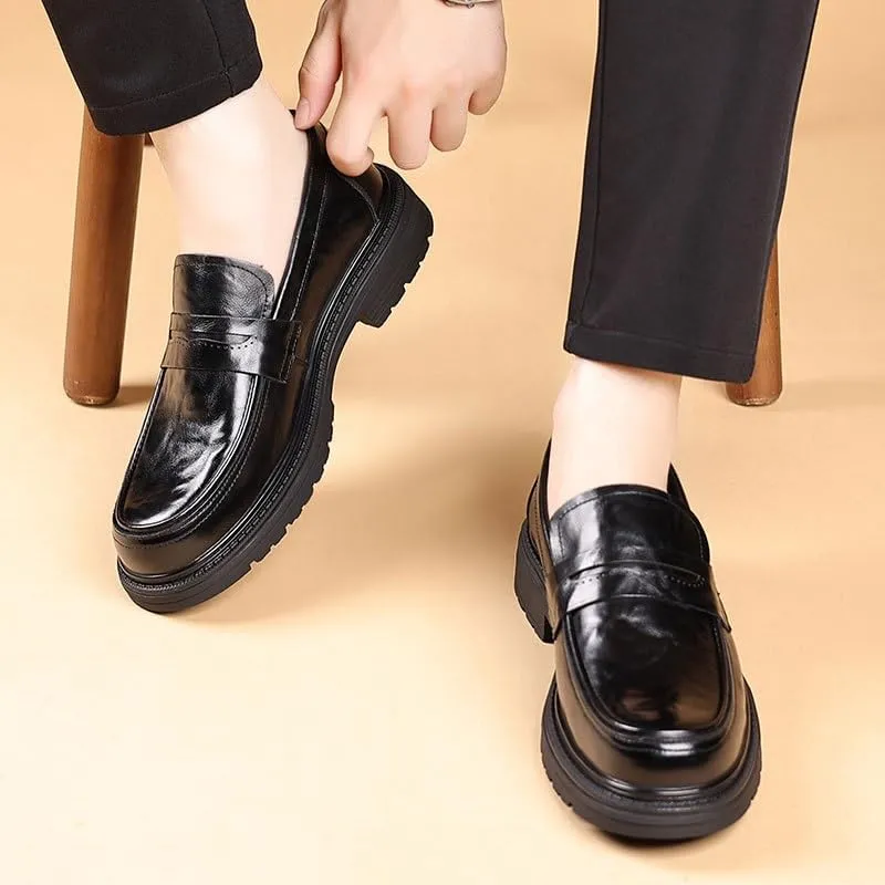 Men's Luxury Genuine Leather Slip-on Loafers Fashion Round Toe Lug Sole Patent Business Dress Shoes Classic Non-Slip Party Wedding Prom Work Shoes