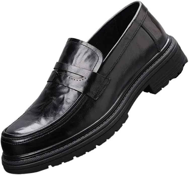 Men's Luxury Genuine Leather Slip-on Loafers Fashion Round Toe Lug Sole Patent Business Dress Shoes Classic Non-Slip Party Wedding Prom Work Shoes