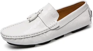 Mens Shoe Men's Loafers Genuine Leather Round Toe Tassel Patent Leather Hexagon Embossed Comfortable Resistant Lightweight Classic Driving Slip On (Color : White, Size : 6.5)