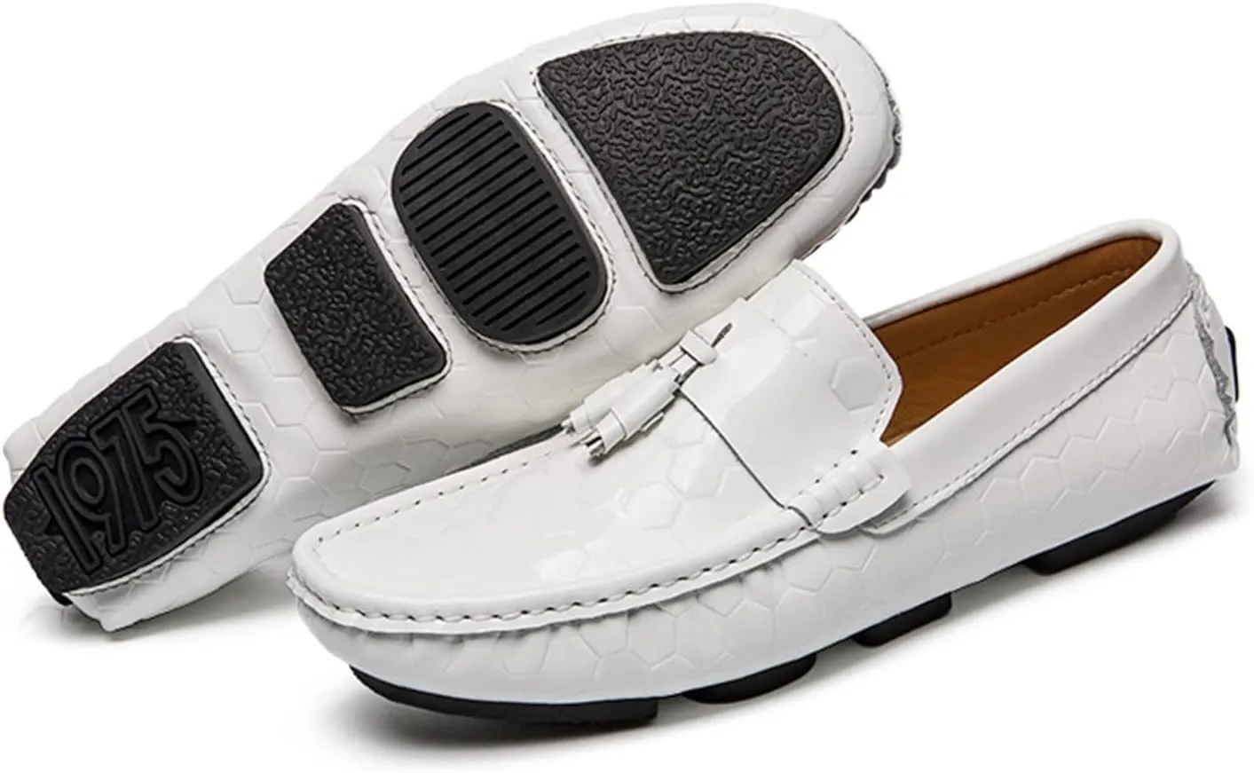 Mens Shoe Men's Loafers Genuine Leather Round Toe Tassel Patent Leather Hexagon Embossed Comfortable Resistant Lightweight Classic Driving Slip On (Color : White, Size : 6.5)