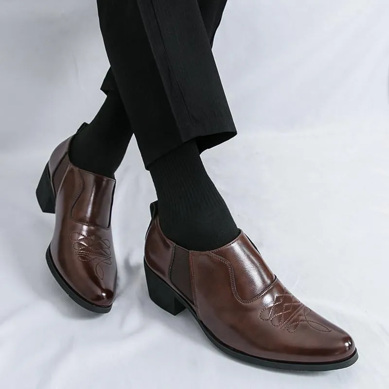 Men's Thick Sole Height Increasing Leather Shoes, Pointed Toe Casual & Business Formal Shoes, Slip-On Fringe Loafers, Breathable & Anti-Slip