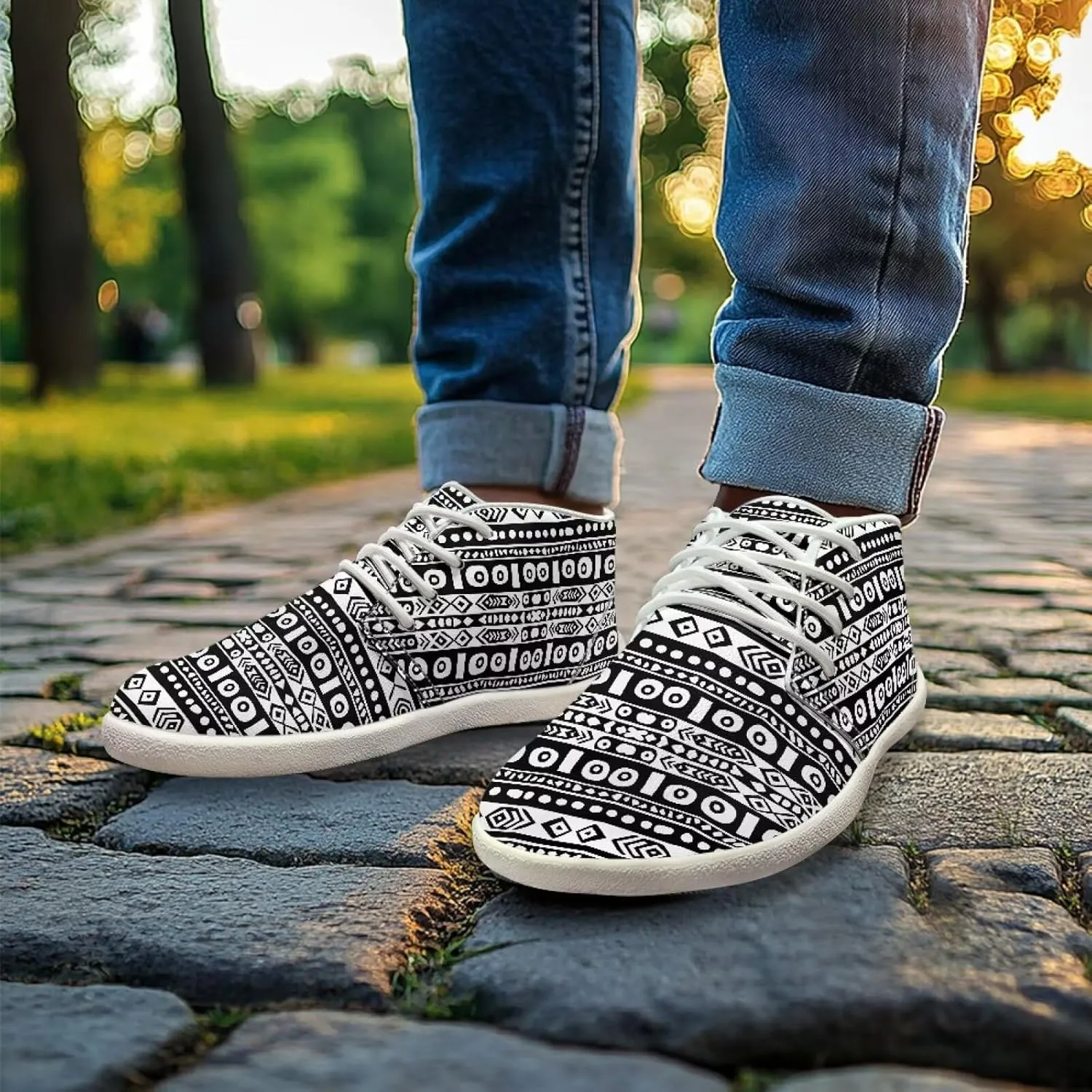 Men's Wide Barefoot Sneakers Tribal Stripes Lightweight Fitness Shoes Comfort Breathable Anti-Skid Waterproof Workout Shoe for Outdoor Indoor US 5-14 White Sole